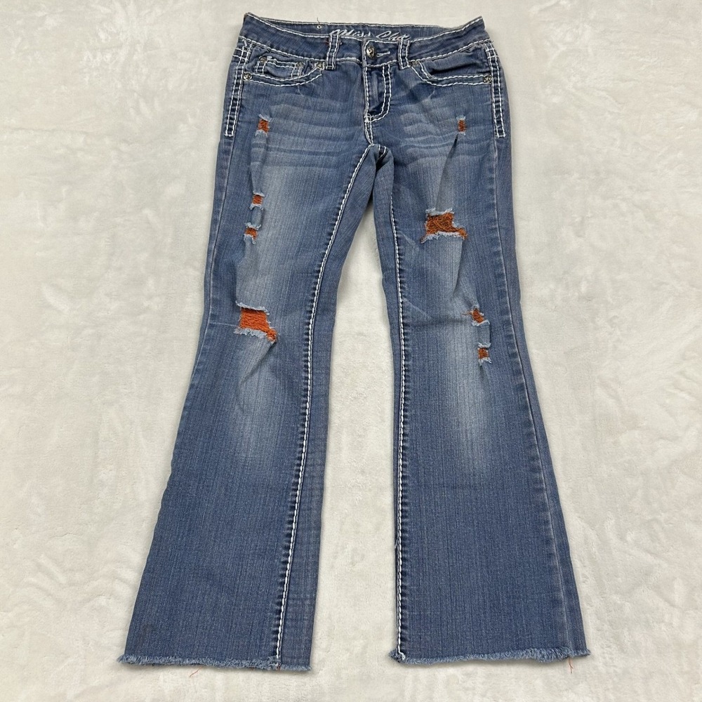 Miss Chic Bootcut Jeans Womens 7 Blue Distressed Orange Lace MC2207C